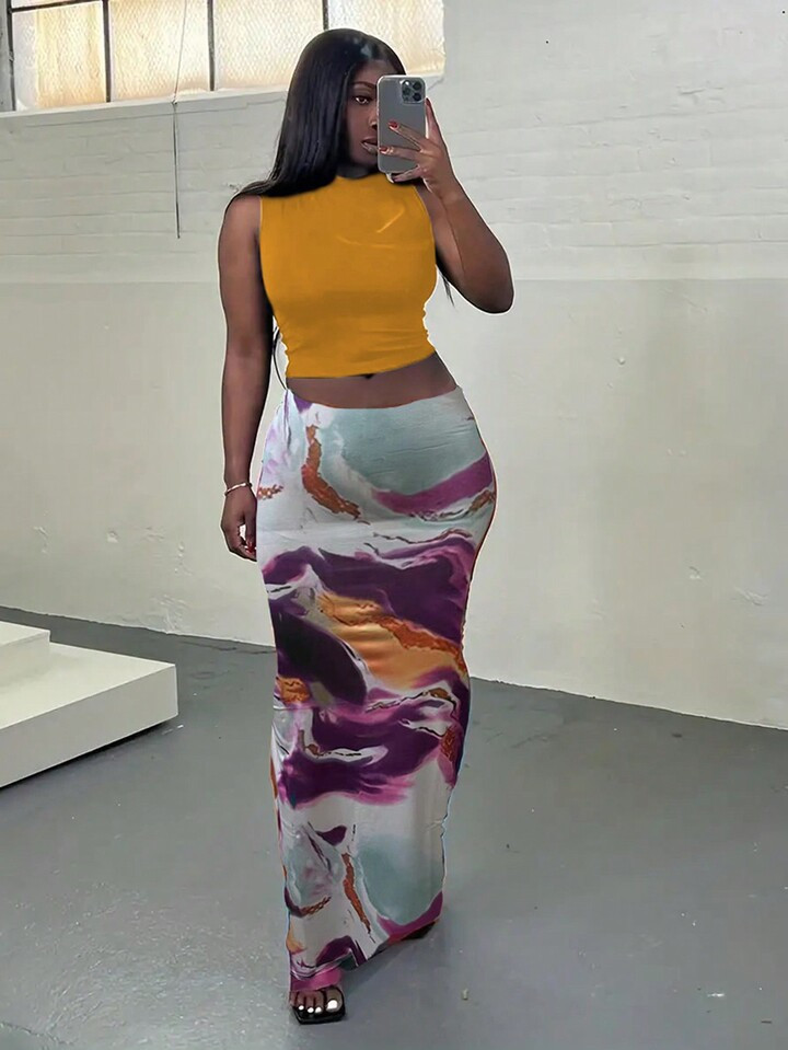 European And American-Style Fashionable Color-Blocking Daily Wear Spring And Summer Skirts | SHEIN