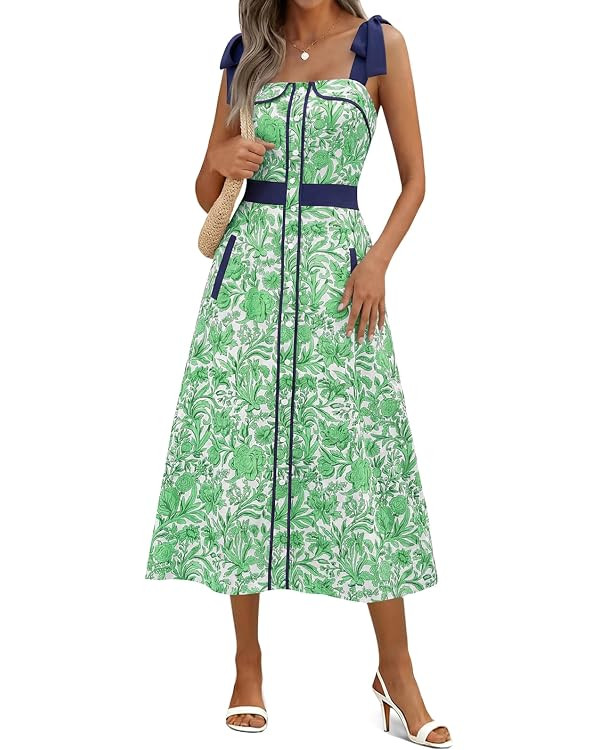 Wenrine Womens Summer Floral Midi Dress Casual Tie Strap Sleeveless Smocked Button Boho Flowy Bea... | Amazon (US)
