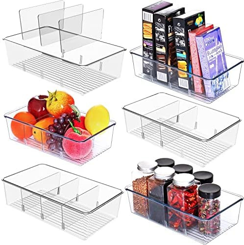 Set Of 6 Snack Organizer for Pantry – Food Storage Organizer Bins w Removable 3 Dividers, Acryl... | Amazon (US)