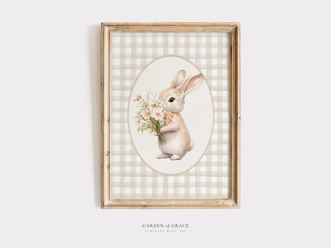 Cute Rabbit Nursery Wall Art | Girl's Room Decor Flowers | Floral Gingham Print | Baby Shower Gif... | Etsy (US)
