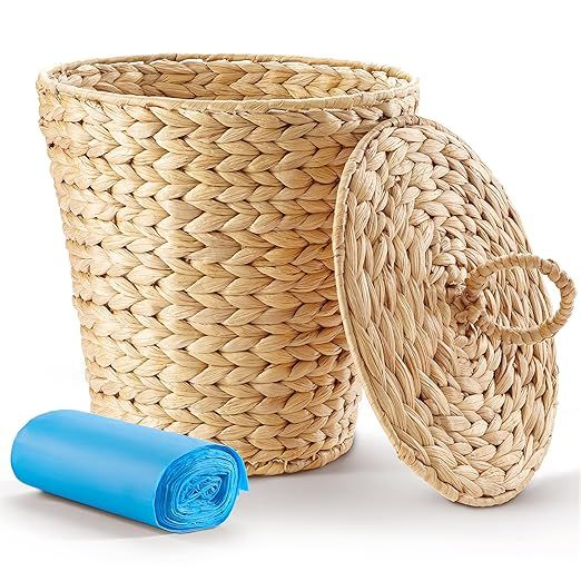 Wicker Trash Can with Bags & Lid - Wicker Waste Basket for Bathroom, Bedroom - Wicker Trash Baske... | Amazon (US)