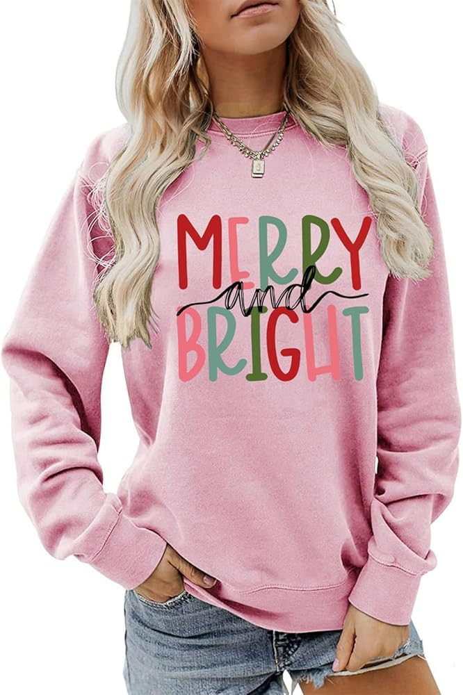 Merry and Bright Sweatshirt for Women Christmas Graphic Tee Casual Long Sleeve Round Neck Pullove... | Amazon (US)