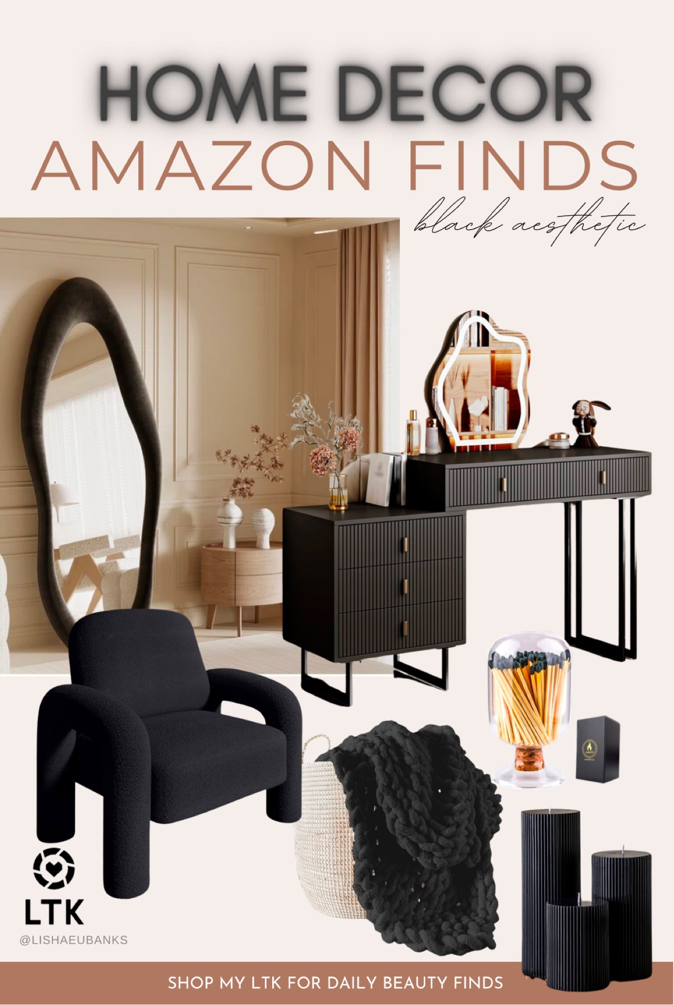 Black Aesthetic Home Decor, gifts for her, black decor, Sherpa chair, black vanity, modern, bubble mirror, candle, throw blanket, 

#LTKHome #LTKHoliday #LTKFindsUnder50
