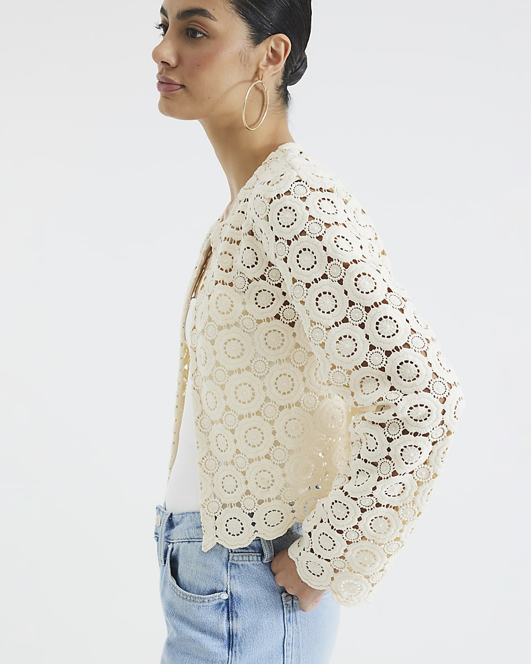 Cream Crochet Short Jacket | River Island UK & IE