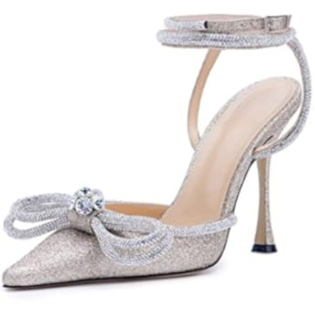 Women's Double Bow Pointed Toe Ankle Strap Crystal Pumps Wedding Bridal Party Stilettos Backless Sat | Amazon (US)