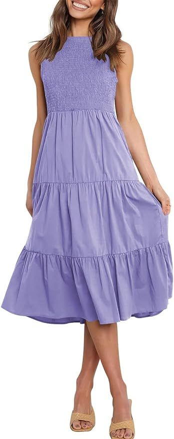 Yanekop Women Sleeveless Smocked Tiered Midi Dress Boho Summer Sun Dresses Beach A-Line Dress | Amazon (US)