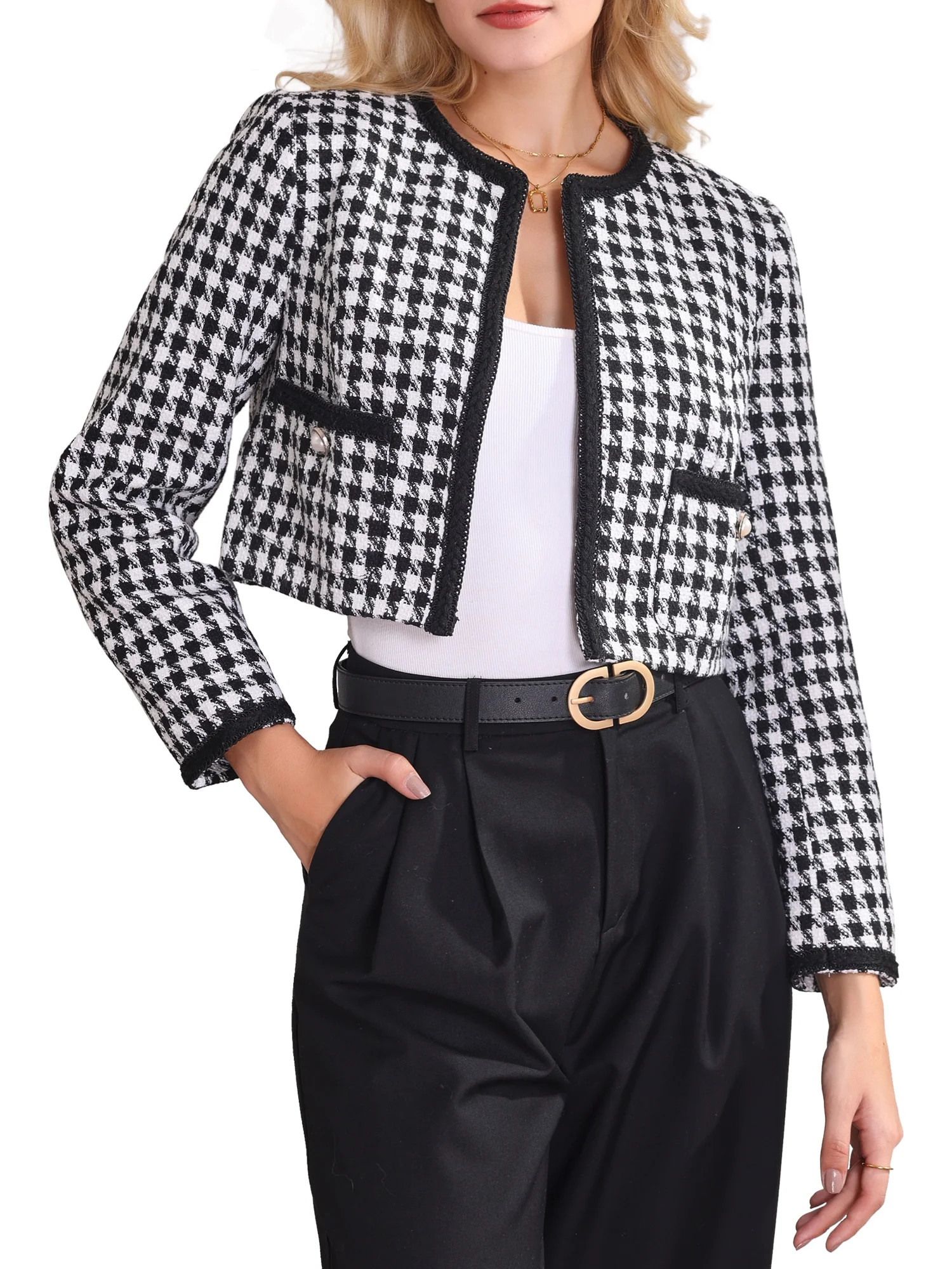 INSPIRE CHIC Womens Houndstooth Blazer Collarless Open Front Crop Plaid Tweed Jacket S Black Whit... | Walmart (US)