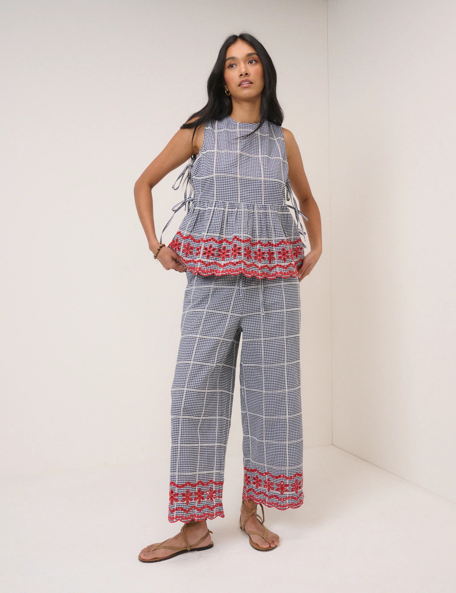 Black Gingham Embroidered Cropped Trousers | Nobody's Child