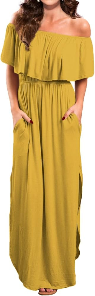 VERABENDI Women's Off Shoulder Summer Casual Long Ruffle Beach Maxi Dress with Pockets | Amazon (US)