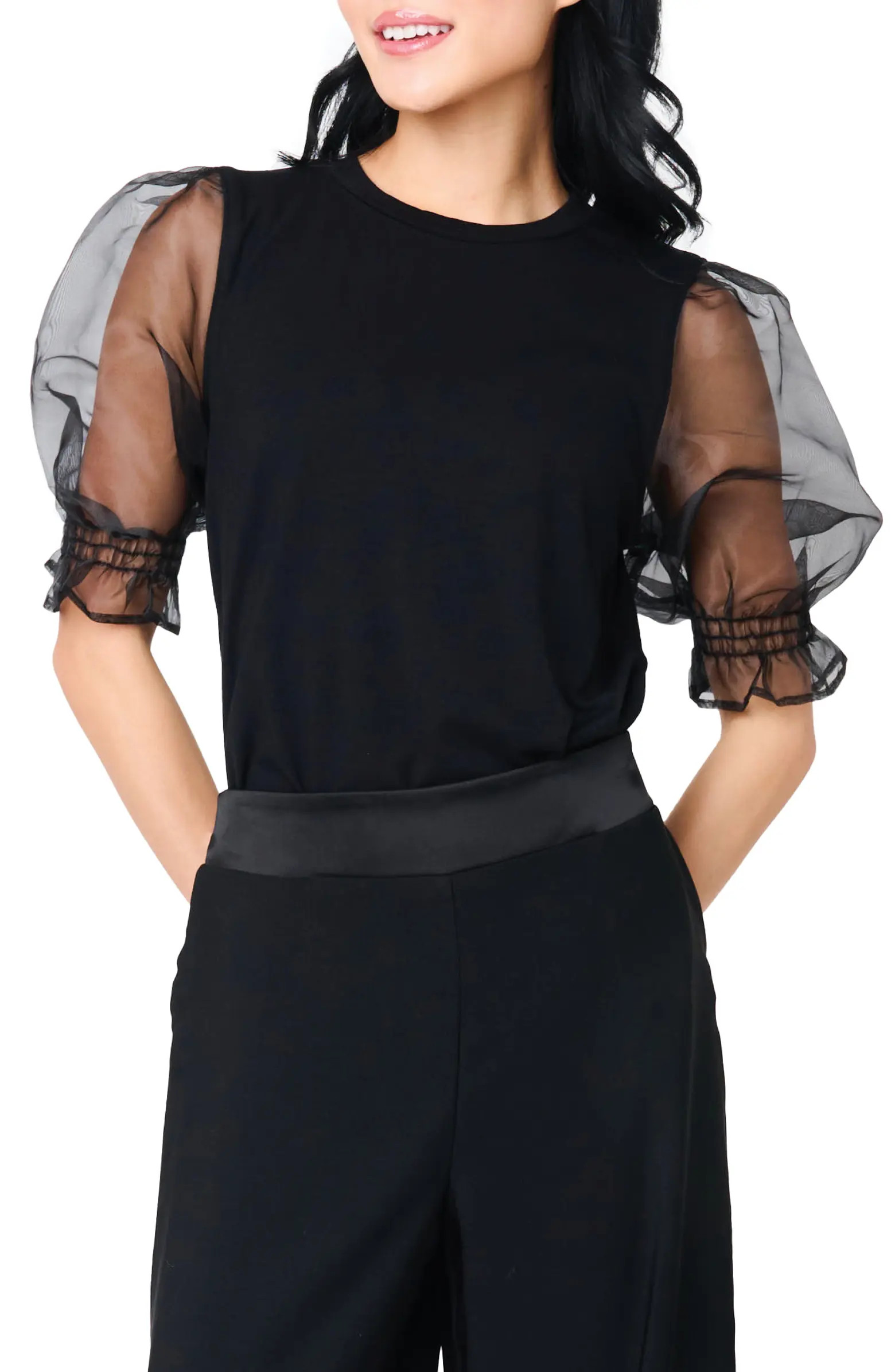 GIBSONLOOK Mixed Media Organza Puff Sleeve Ponte Top | Nordstrom | Nordstrom