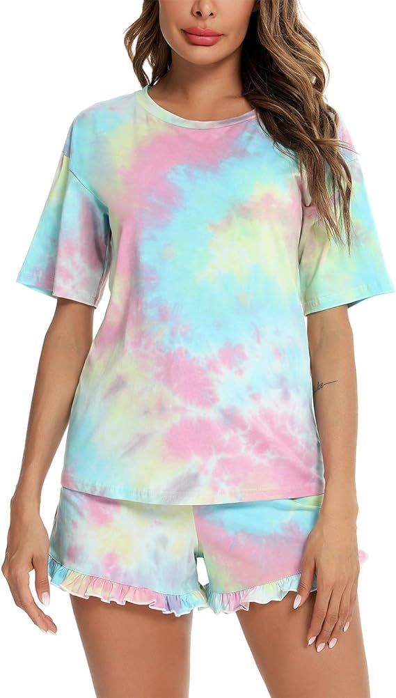 EISHOPEER Womens Tie Dye Printed Tee and Shorts Pajamas Set Sleepwear Pjs Sets Loungewear | Amazon (US)