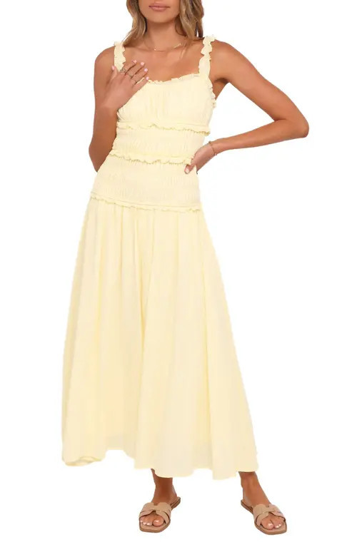 Petal & Pup Enola Shirred Ruffle Trim Midi Dress in Yellow at Nordstrom, Size Large | Nordstrom
