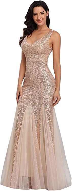 Sleeveless Double V-Neck Long Mermaid Sequin Formal Evening Dresses | Amazon (US)