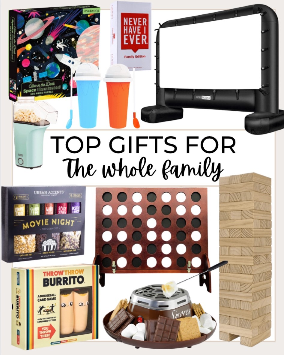 Gifts that the entire family will enjoy include an inflatable projector screen, card game, slushie maker cups, air popper popcorn maker, glow in the dark puzzle, movie night popcorn kit, big connect four game, throw throw burrito game, s’mores maker kit, and big jenga set.

Family gift, gift guide, gifts for the family, gifts for her, gifts for him, gifts for kids 

#LTKfamily #LTKunder100 #LTKkids