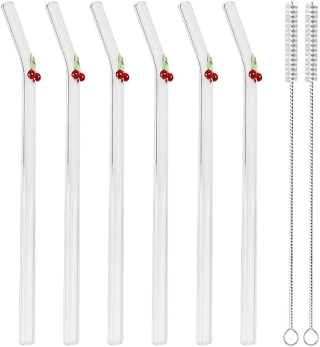 GSHLLO 6 Pcs Glass Cherry Drink Straws Reusable Clear Bent Straw Cute Transparent Cocktail Straw ... | Amazon (US)