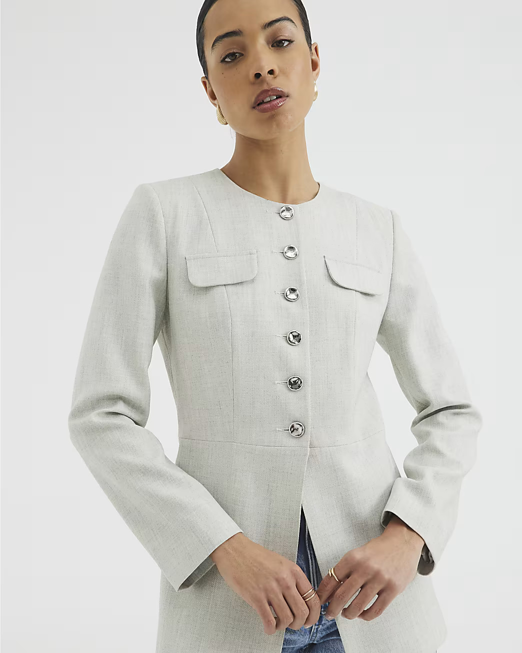 Grey Military Button Front Blazer | River Island UK & IE