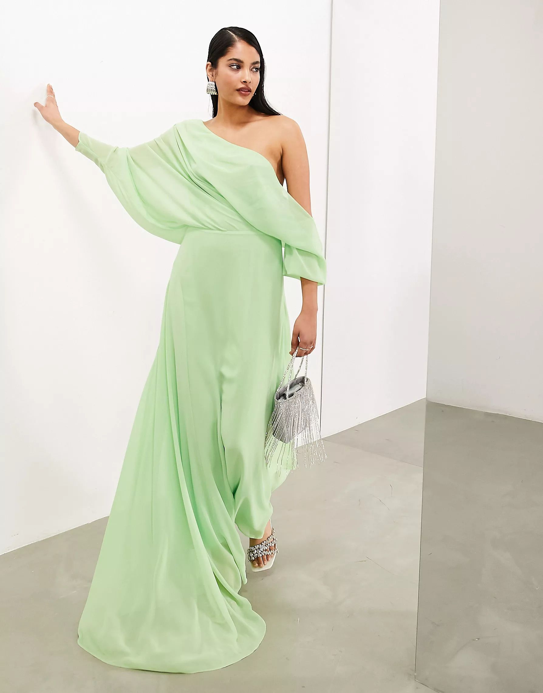 ASOS EDITION chiffon draped off shoulder maxi dress with full skirt in mint green | ASOS | ASOS (Global)