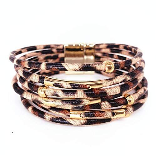 Women Leopard Metal Pipe Bracelet Multilayer Wide Leather Wrap Bangle Gift Bangle | Amazon (US)