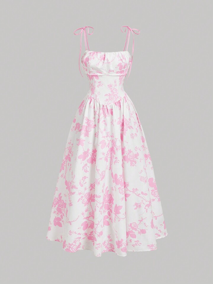 SHEIN MOD Women's Sleeveless Floral Print Tie Waist Spaghetti Strap Dress, Minimalist Style | SHEIN