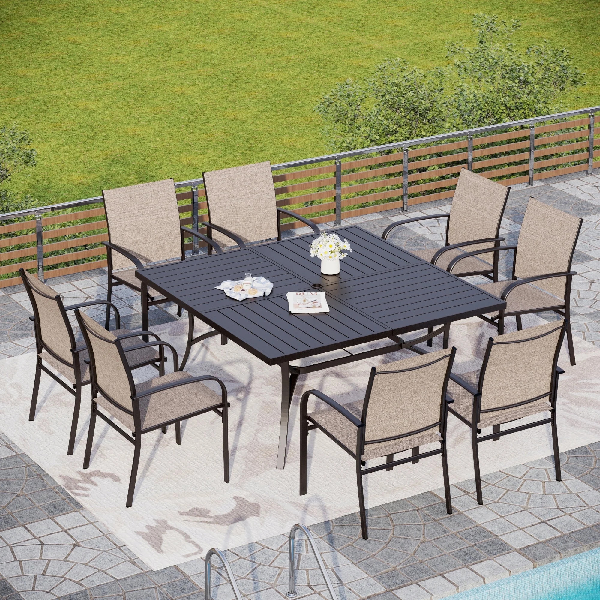 Sophia & William 9-Piece Patio Dining Set Outdoor Metal Square Table Set with 8 Brown Textilene P... | Walmart (US)