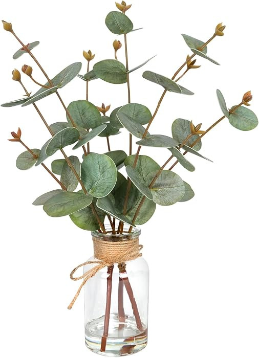 Velener Faux Eucalyptus Stems in Vase with Faux Water, Fake Plants Artificial Eucalyptus Plant fo... | Amazon (US)