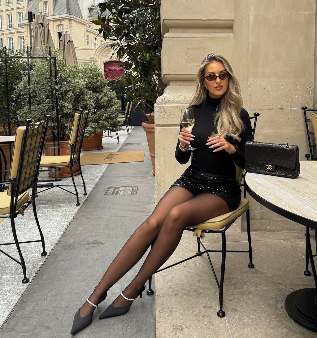 Black sweater 

Black sequin mini skirt 

Black rhinestone heel mule Jimmy choo 

#LTKSeasonal #LTKHoliday #LTKootd