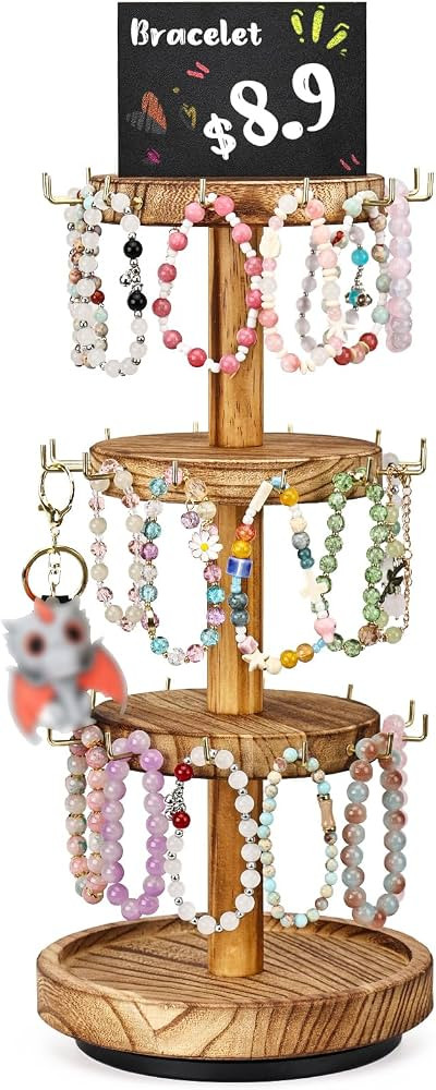 Bracelet Holder, 3 Tier Wooden Rotating Organizer Stand, Rustic Jewelry Hanger Display for Bracel... | Amazon (US)