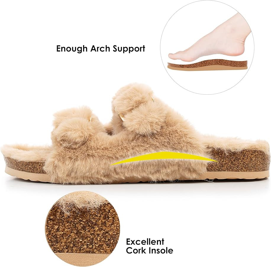 FITORY Womens Open Toe Slipper with Cozy Lining,Faux Rabbit Fur Cork Slide Sandals Size 6-11 | Amazon (US)