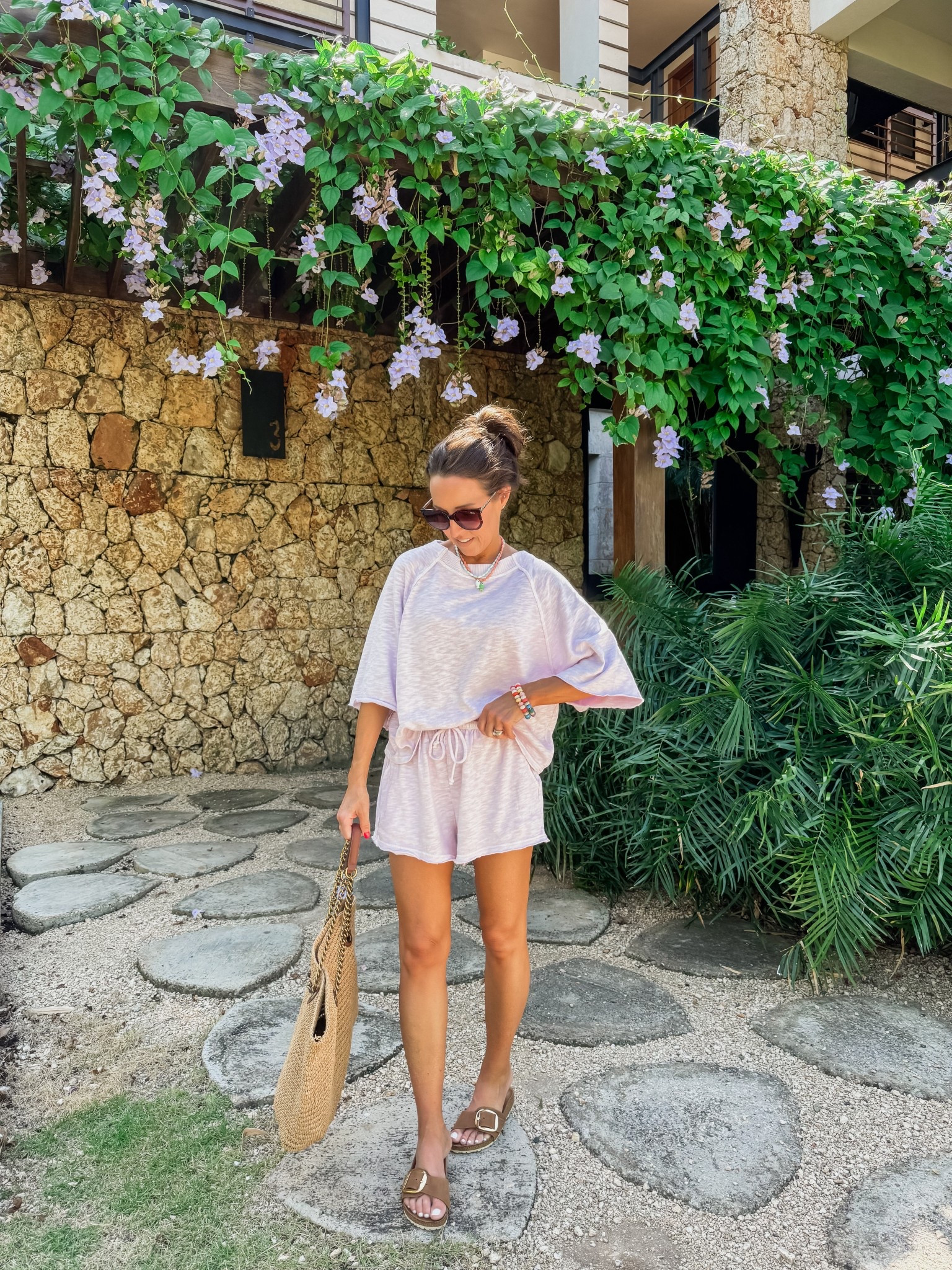 Summer matching short set. Lavender. Spring set. Birkenstock sandal. Casual vacation style. 
Both XS. 

#LTKSeasonal #LTKootd #LTKOver40