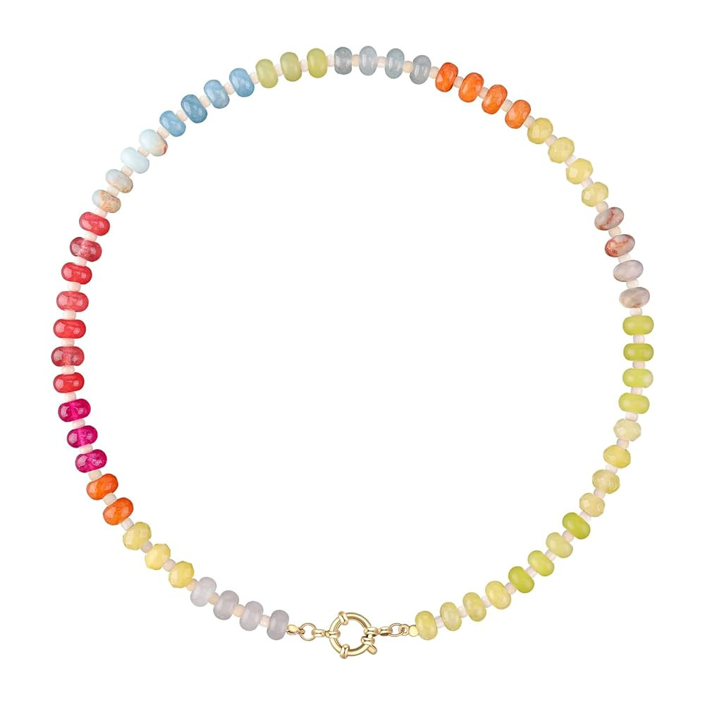 Colorful Beaded Gemstone Necklace for Women, Boho Rainbow Bead Choker with Natural Stone Crystal ... | Amazon (US)
