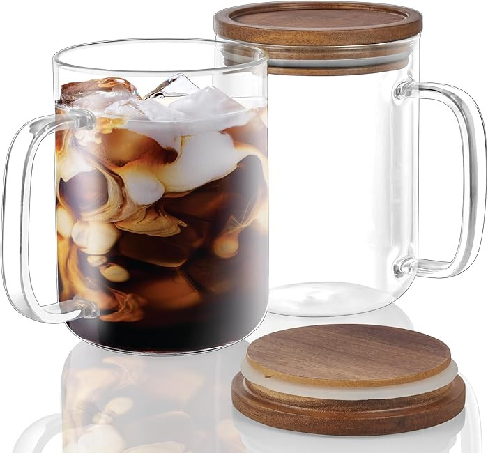 DRASTAR Glass Coffee Mugs, 20 oz Clear Coffee Cups, Coffee Mug with Acacia Wood Lid, Tea Glass Cu... | Amazon (US)