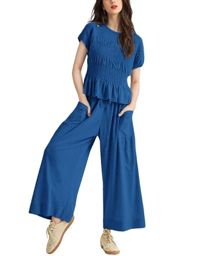 Womens 2 Piece Smocked Top Wide-Leg Pants Set High-Waisted Lounge Outfit with Pockets Casual Boho... | Amazon (US)