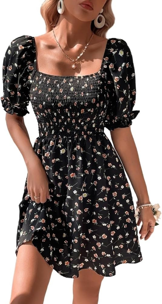 Women's Blcak Dress Floral Print Square Neck Puff Sleeve Short Dress A-Line High Waist | Amazon (US)