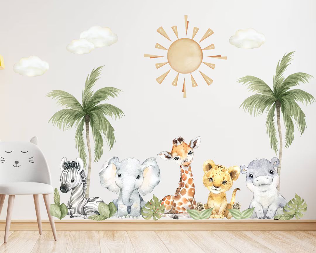 Baby Safari Animals Watercolor Wall Decal, Watercolor Wall Sticker, Nursery Mural, Lion, Elephant... | Etsy (UK)