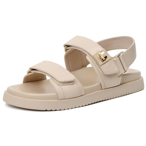 GOUPSKY Womens Flat Sandals Nude Double Straps Adjustable Slides with Soft Arch Support Open Toe Casual Slippers for Summer Beach Size 9.5 | Amazon (US)
