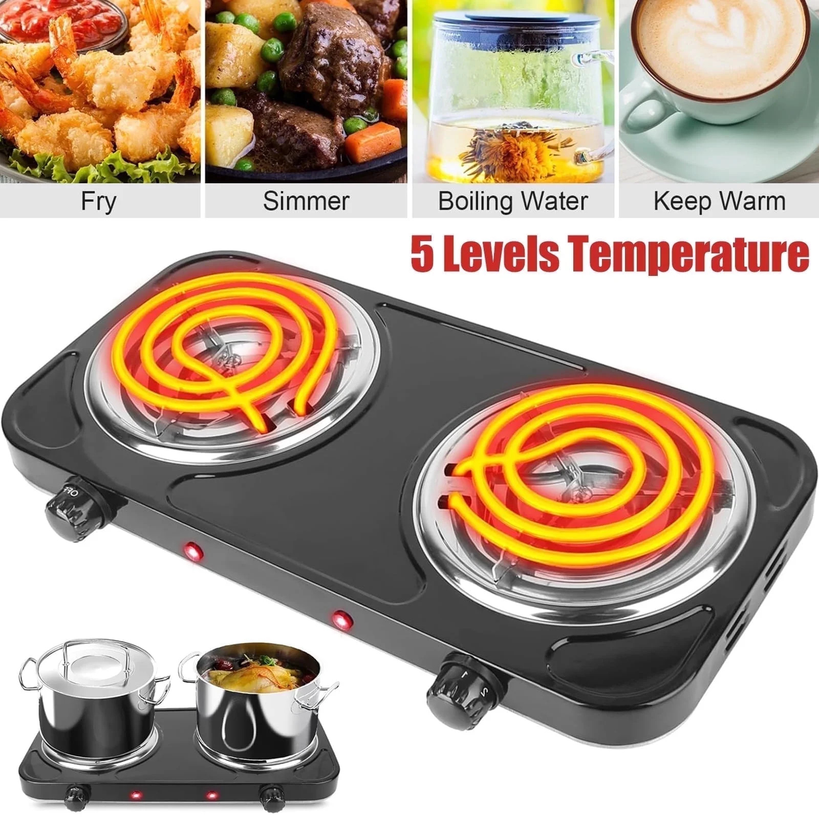 Hot Plate, Double Burner, 2000W Portable Electric Stove for Cooking with 5 Levels Adjustable Temp... | Walmart (US)