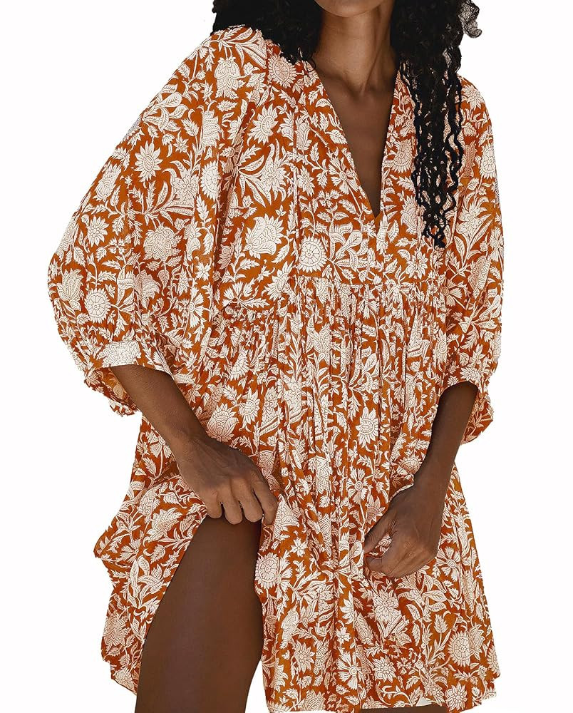 Womens Summer Dresses Casual Boho Floral Babydoll Balloon Sleeve Half Open Tether Flowy Short Bea... | Amazon (US)