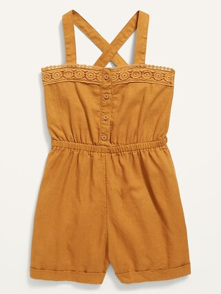 Sleeveless Linen-Blend Button-Front Cross-Back Romper for Girls | Old Navy (US)