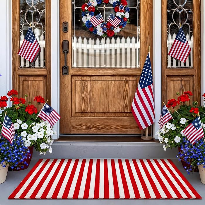 Moucuny Red and White Striped Outdoor Rug, Memorial Day 24'' x 35' Area Rug Patriotic Front Porch... | Amazon (US)