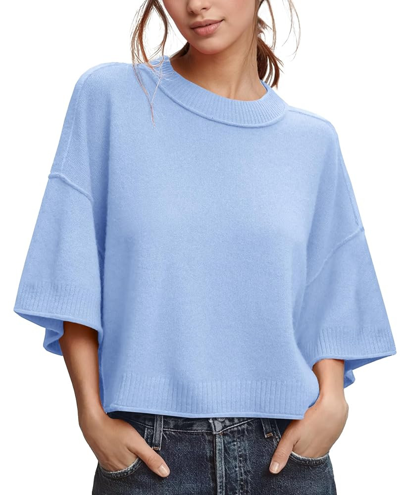 ZDC Women's Oversized Sweaters Summer 3/4 Sleeve Casual Cropped Tops Lightweight Loose Fit Knit P... | Amazon (US)
