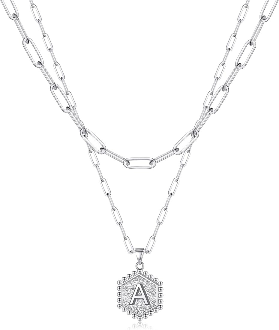 Silver Layered Initial Necklaces for Women, 14K White Gold Plated Paperclip Chain Necklace Hexago... | Amazon (US)