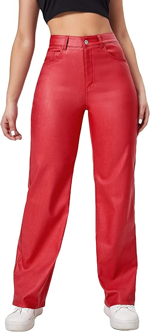 MakeMeChic Women's High Waist Pockets Straight Leg Jeans Leather Look Pants | Amazon (US)