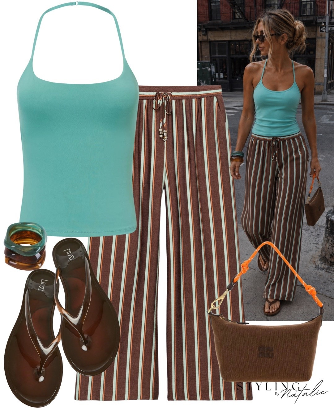 Turquoise and brown colour combo 🤎🧚🏼
Stripe drawstring trousers, halter neck top, Miu Miu bag, jelly sandals flip flops.
Casual summer outfit, Zara, colourful outfit, high street, everyday style.

#LTKsummer #LTKuk #LTKFashionMonth