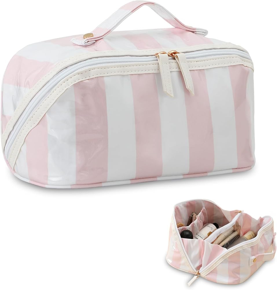 DYSHAYEN Stripe Travel Makeup Bag with Compartments Clear Coated Cosmetic Bag for Women, Waterpro... | Amazon (US)