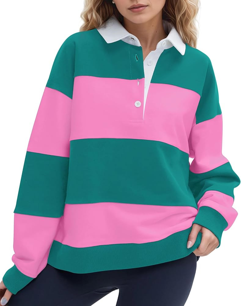 Women Oversized Striped Polo Sweatshirt Color Block Lapel Collared Pullover Tops Striped Long Sle... | Amazon (US)