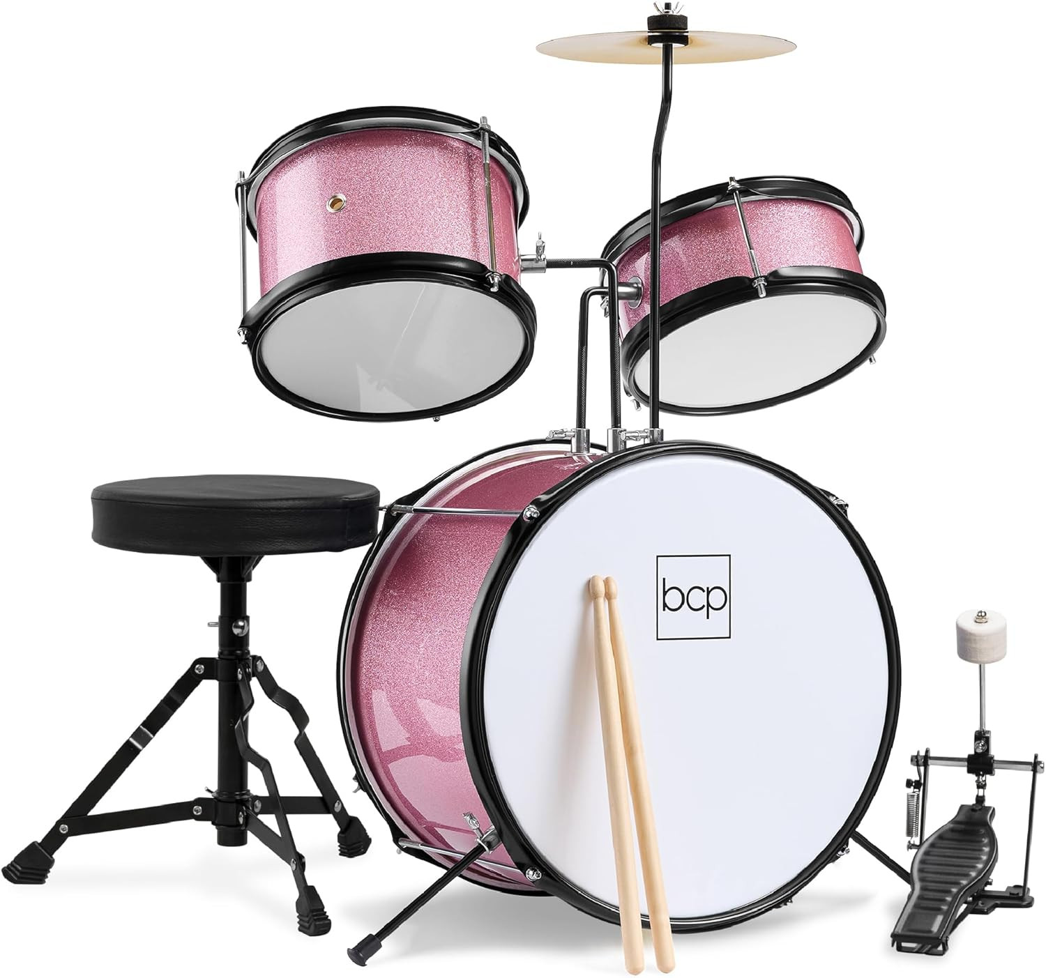 Best Choice Products 3-Piece Beginner Drum Set for Kids Juniors, w/Throne Stool, Cymbal, Drum Sticks, Bass Drum Pedal, 2 Toms - Pink Sparkle | Amazon (US)