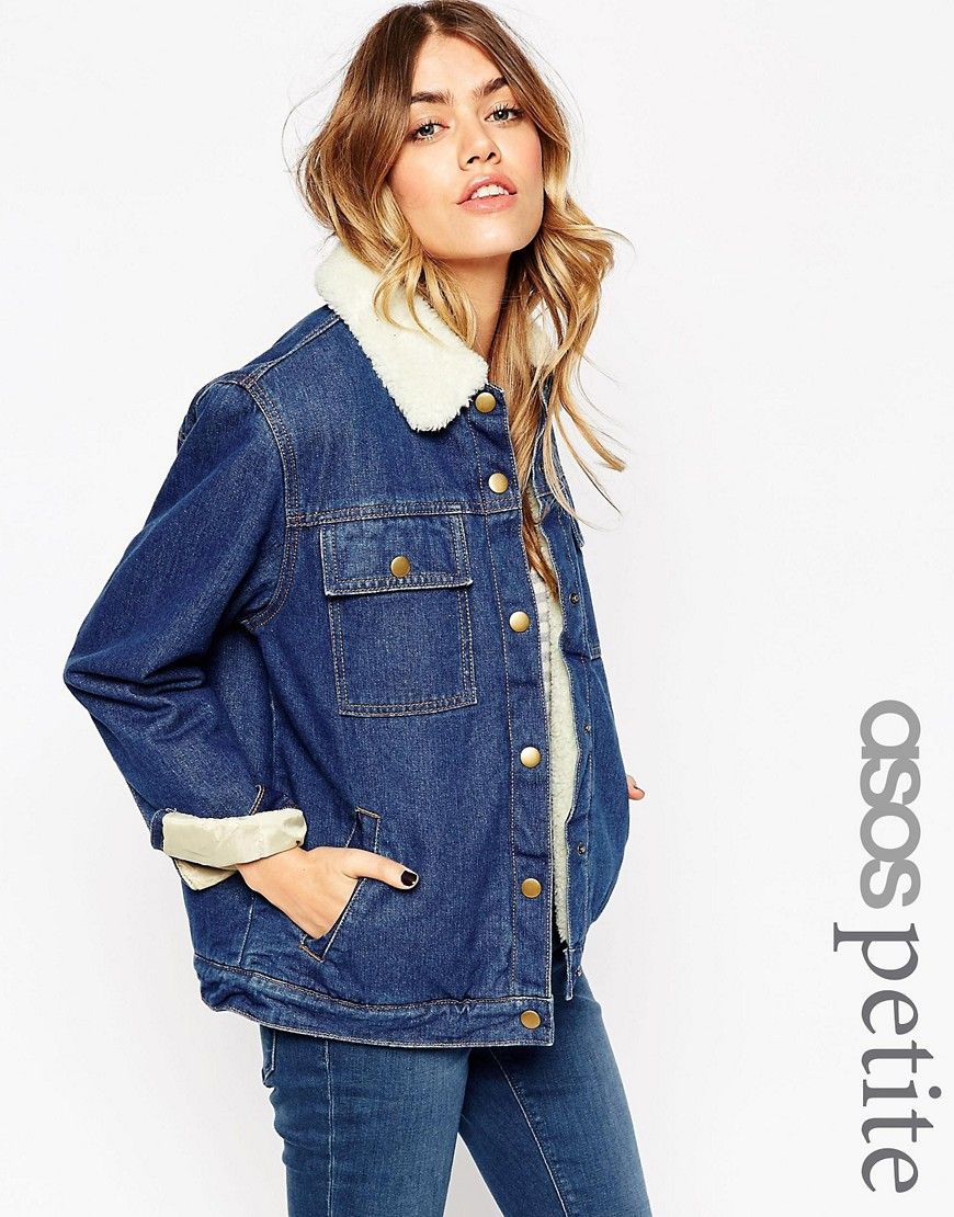 ASOS PETITE Denim Jacket in Rich Blue with Fleece Lining and Collar | ASOS US
