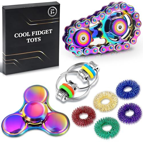 8Pcs Fidget Toys Adults Fidgets Spinner Autism Sensory Pack Spiky Sensory Rings for Anxiety Metal Bike Chain Roller Cool Gadgets for Teen Boys ADHD Silent Stress Relief Office Desk Toy Adults Gift | Amazon (US)