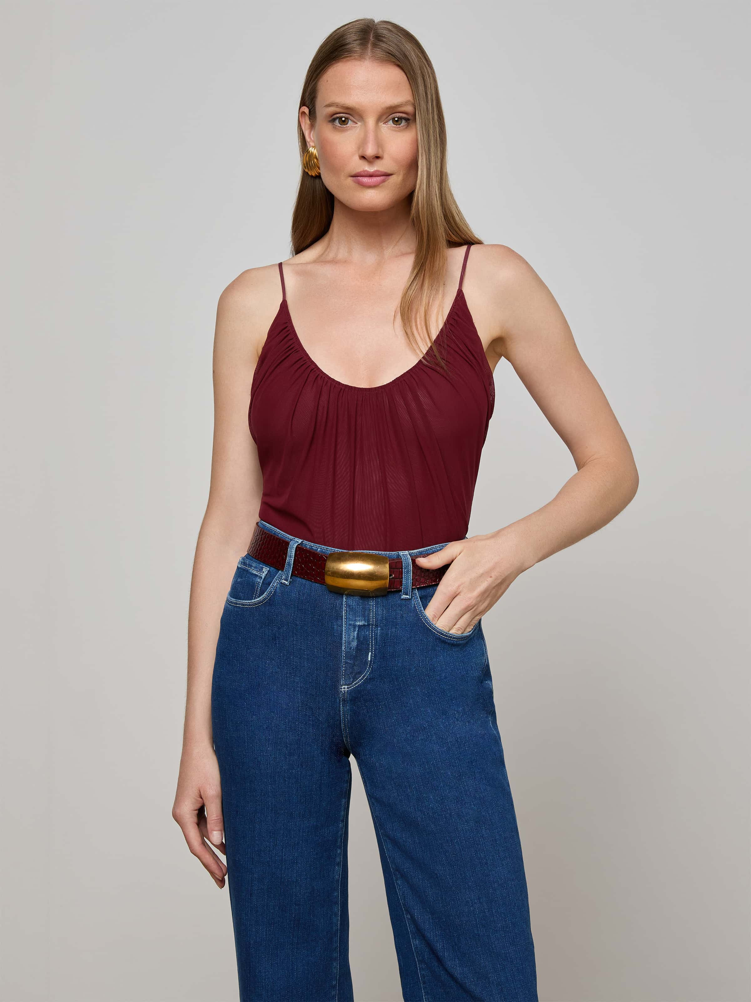 Gelina Mesh Bodysuit in Black Cherry | L'AGENCE | L'Agence