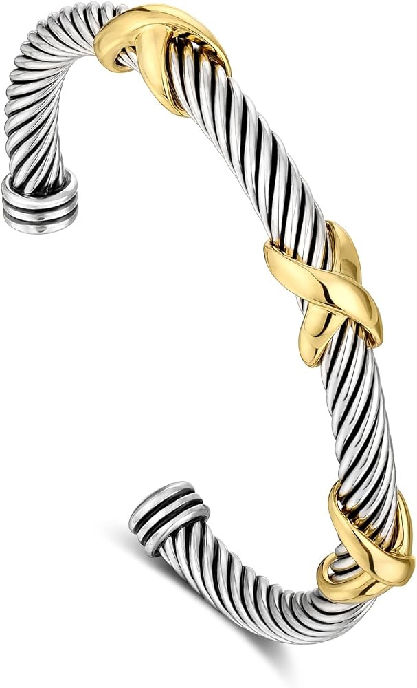 Amazon.com: NANDUDU Cuff Bracelet for Women Cable Wire Bracelet - Stainless Steel Two Tone Twiste... | Amazon (US)